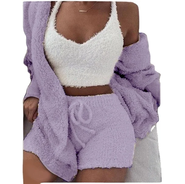 

Fashion Women Winter Sleepwear Pajama Sets Solid Plush Hooded Vest Robe Shorts Sleepwear, Multiple