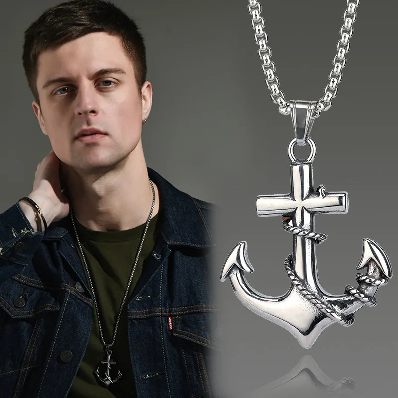 

Wholesale Fashion Vintage Chain Anchor Cross Pendant Titanium Steel Necklace Men