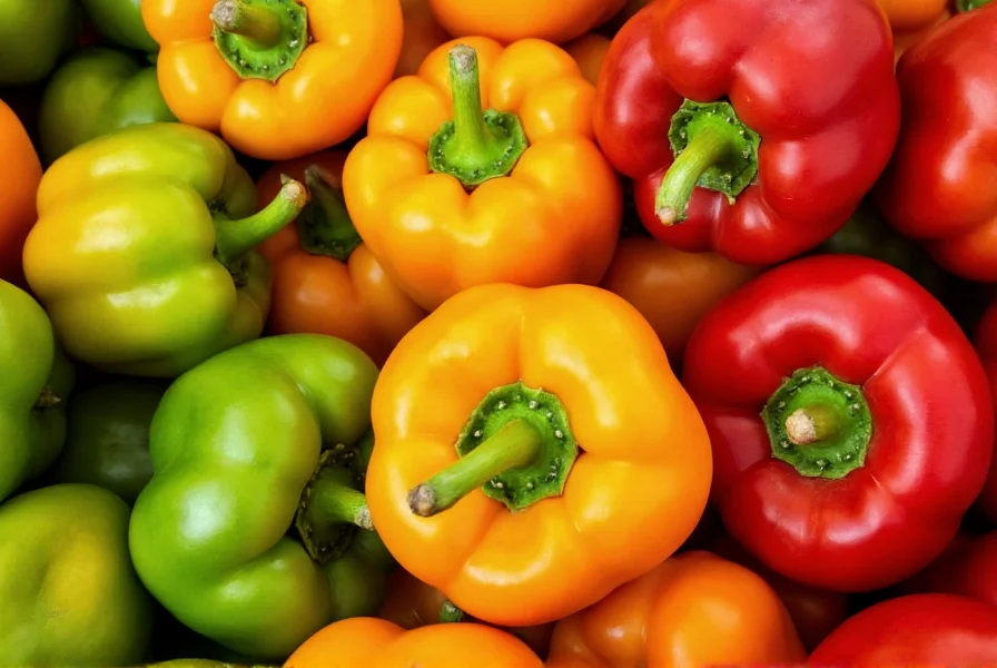 Colorful assortment of bell peppers showing different ripening stages from green to red