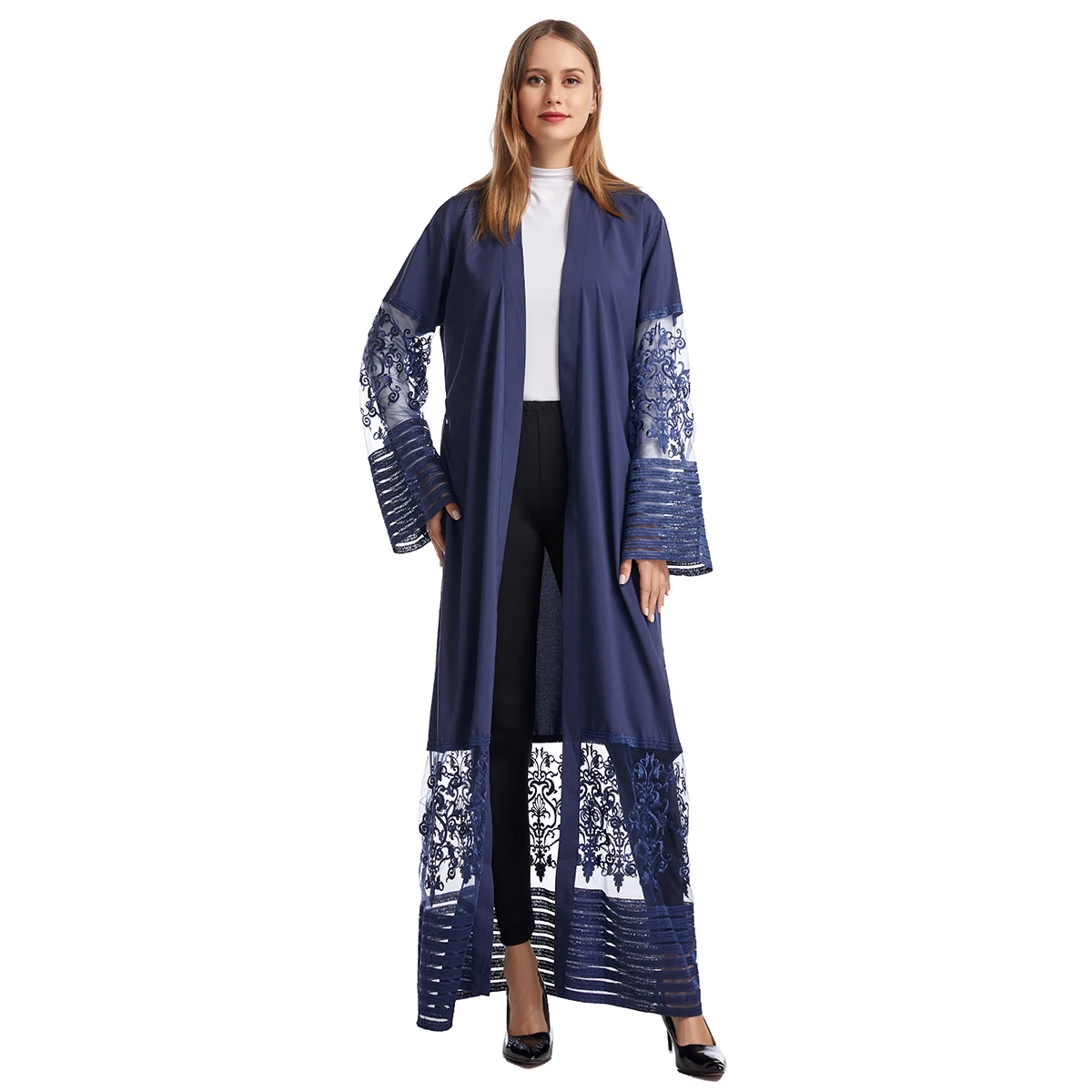 

2021 Luxury Arab Kimono Cardigan Robe Abaya Dubai Muslim Maxi Dress Turkish Kaftan Islamic Net Embroidered Long Gown For Female