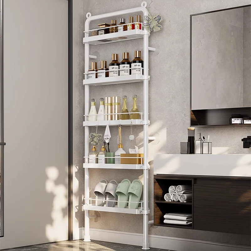 Bathroom Shelves Suction Cup Wall Mounted Shampoo Bottle Shower Rack Toilet Storage Metal Floor-standing Space Saving Organizer