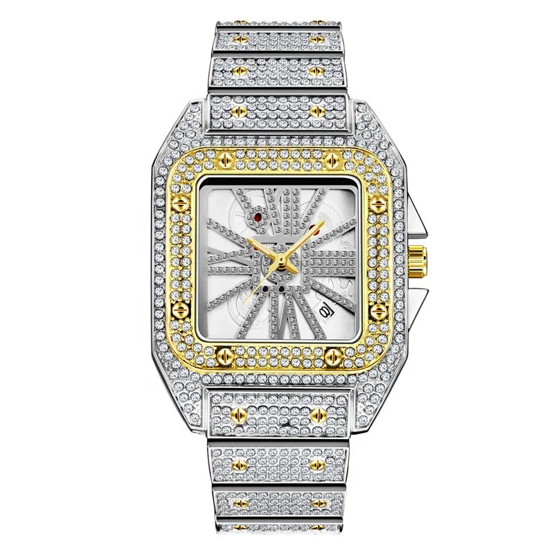 

Luxury Square Day Date Gold Silver Full Diamonds Watches Men Bling Hip Hop Quartz Iced Out Watch