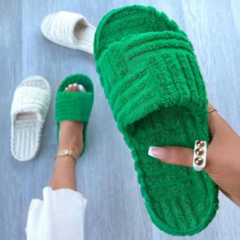 

Open Round Toe Soft Plush Flat Slides Shoes Sandal Summer Autumn Comfortable Slippers for Girls Thick Sole Plus Size 43, White green