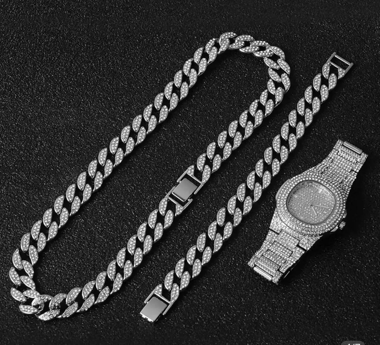

2021 New Arrival Mens Hip Hop Iced Out Cuban Link Chain Necklace Set With Bracelet Watch
