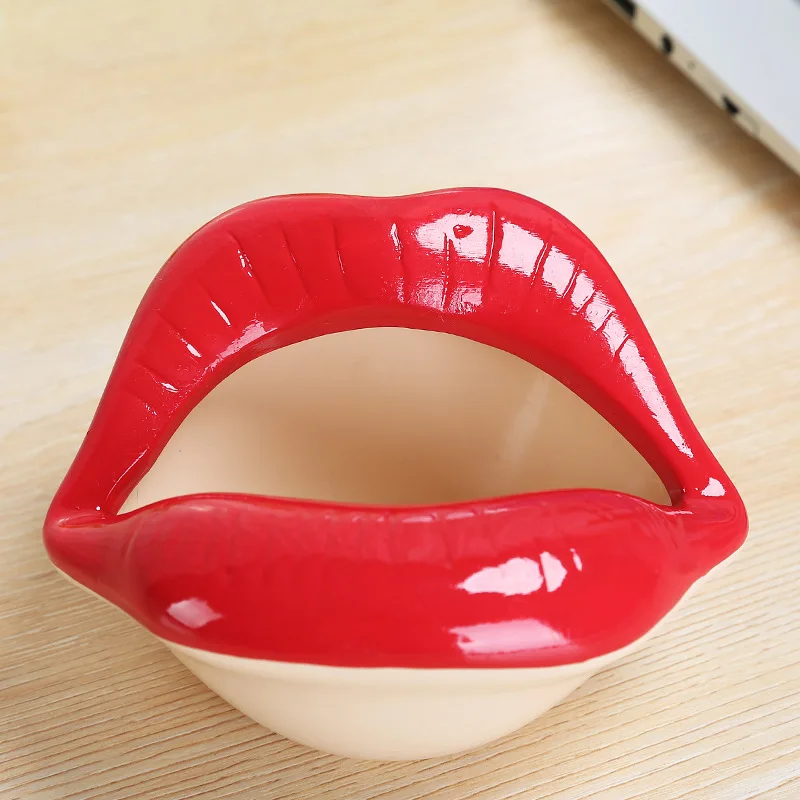 

Amazon Aliexpress Hot Sale Multifunctional Flower Pot Luxury Ashtray Cigar Holder Ceramic Red Pink Lips Shaped Ashtray, Customized color