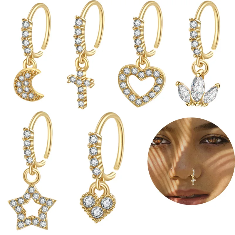 

Mini 18K Gold Plated Diamond Cross False Nose Ring Hoop No Piercing Micro Inlaid Cubic Zirconia Star Moon Nose Rings Jewelry
