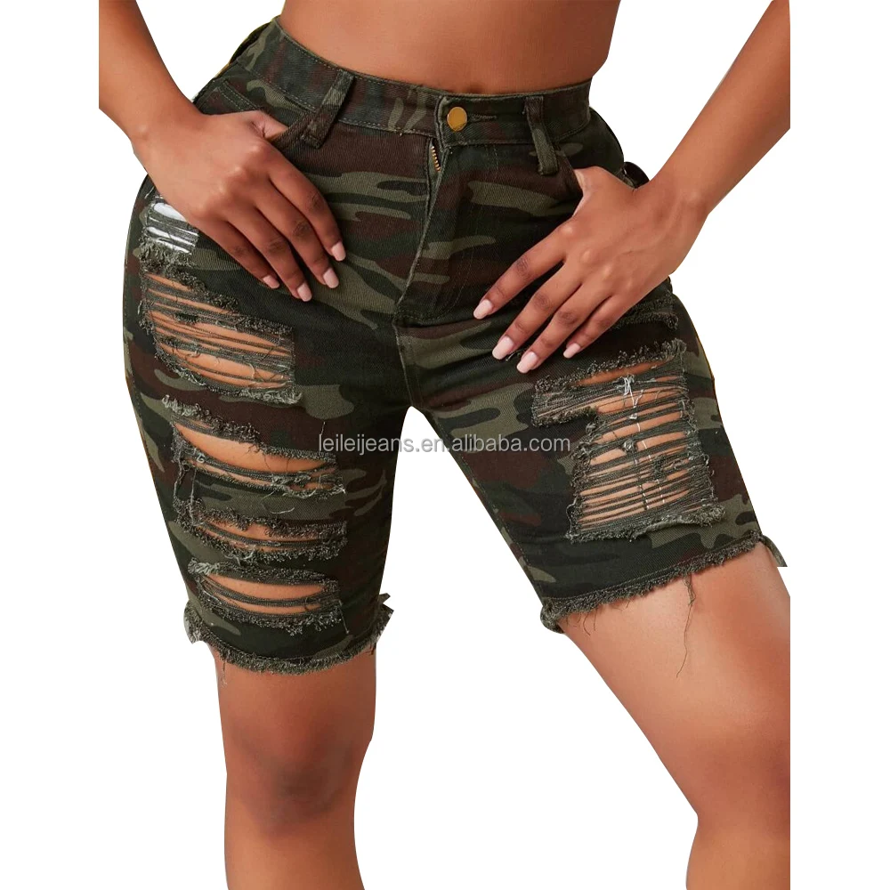 

Broken Holes Camo Print Denim Shorts Y2k Women Summer Fashion Sexy High Waist Slim Jeans Plus Size 5XL Bike Short Woman Clothing, Army green, yellow,pink