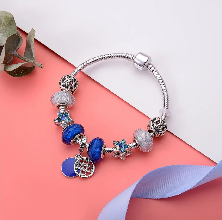 

DIY Women Jewelry Crystal Rhinestone Star Beads Cross Charm Bracelet Enamel Round Disc Hollow Out Cross Charm Bracelet