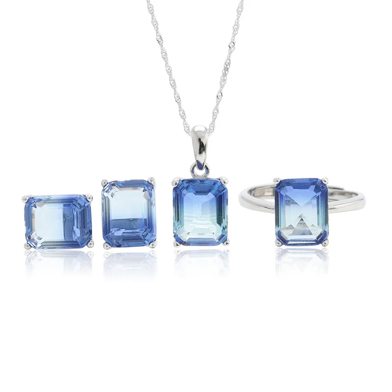 

2021 Multi Colors 925 Sterling Silver Crystal Blue Cubic Zircon Pendant Necklace Geometric Opening Ring Jewelry Sets