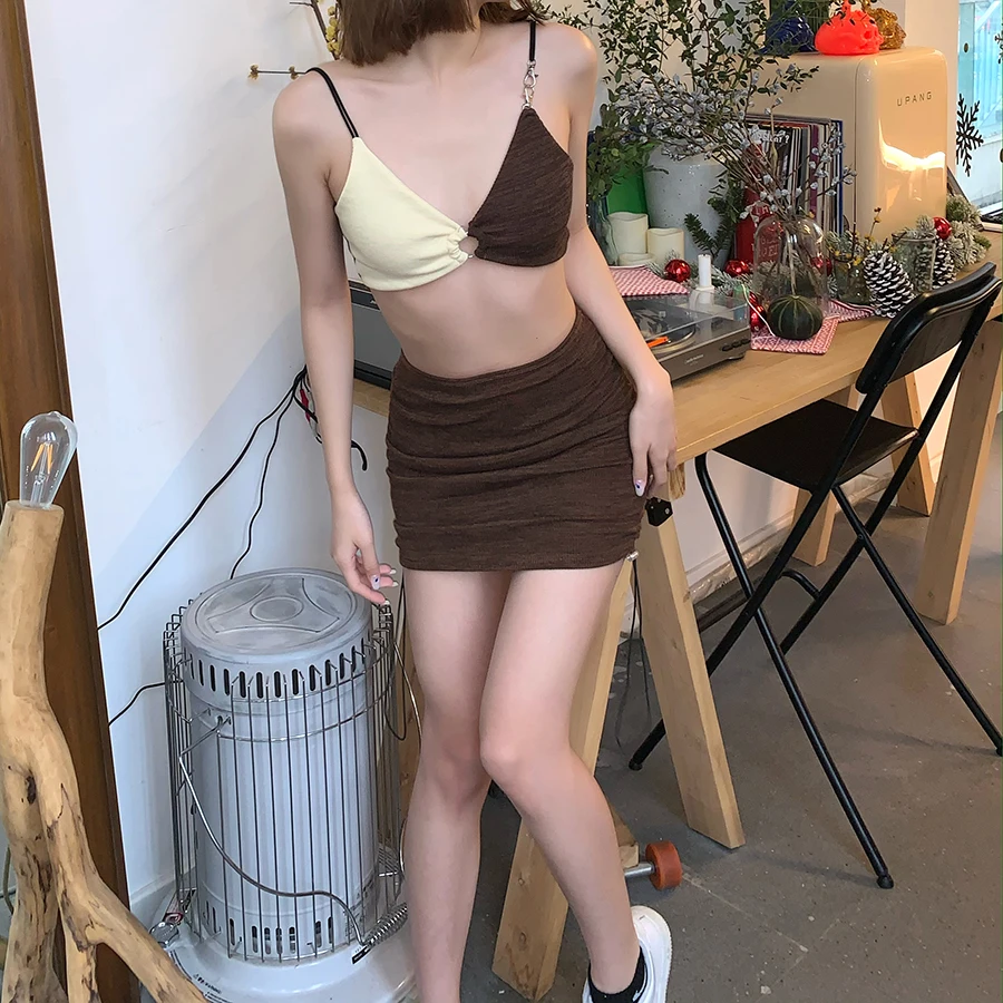 

Nibber K20S11014 Sexy Patchwork Vintage Two Piece Set Women 2021 Summer Camisole Tops+Mini Skirt Wholesale custom