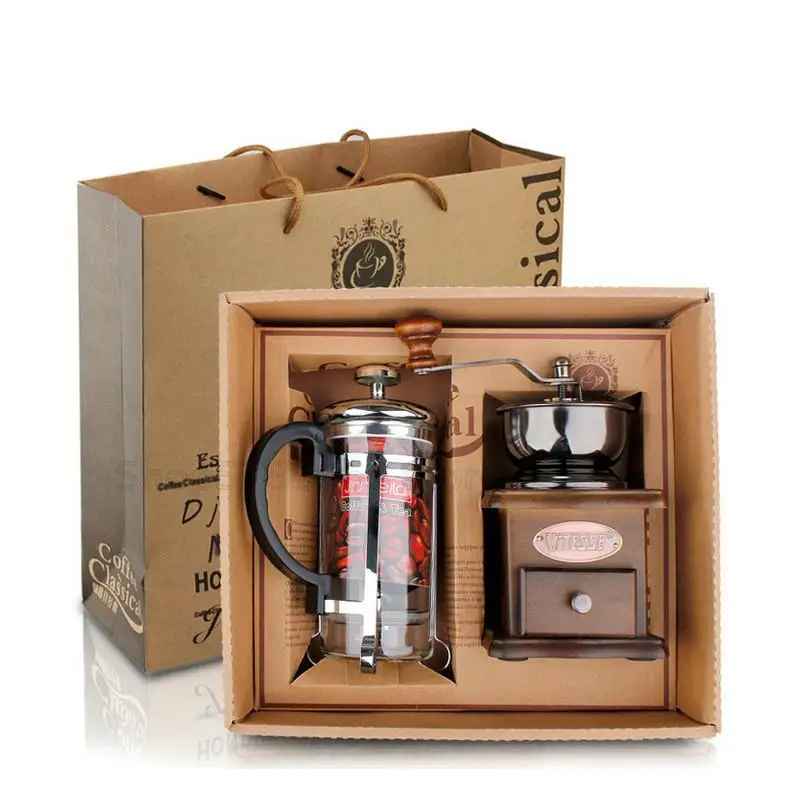 

Wooden Manual hand Coffee bean Grinder Press Pot Maker Set gifts, Black,orange