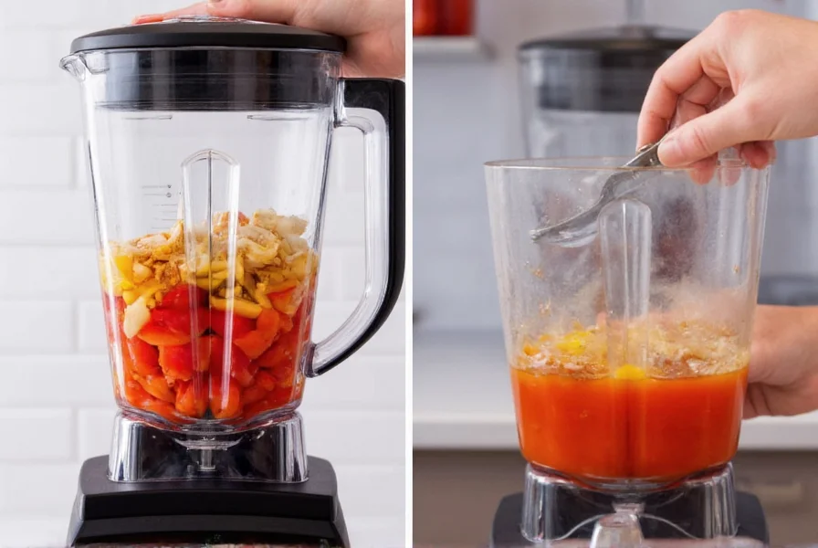 Chef blending roasted peppers and tomatoes in a high-speed blender
