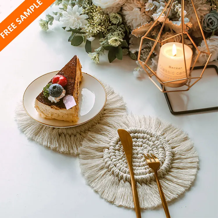 

Boho nordic Indian Christmas luxury table decor wedding cotton woven tea coffee drink candle tassels macrame cup mat coaster