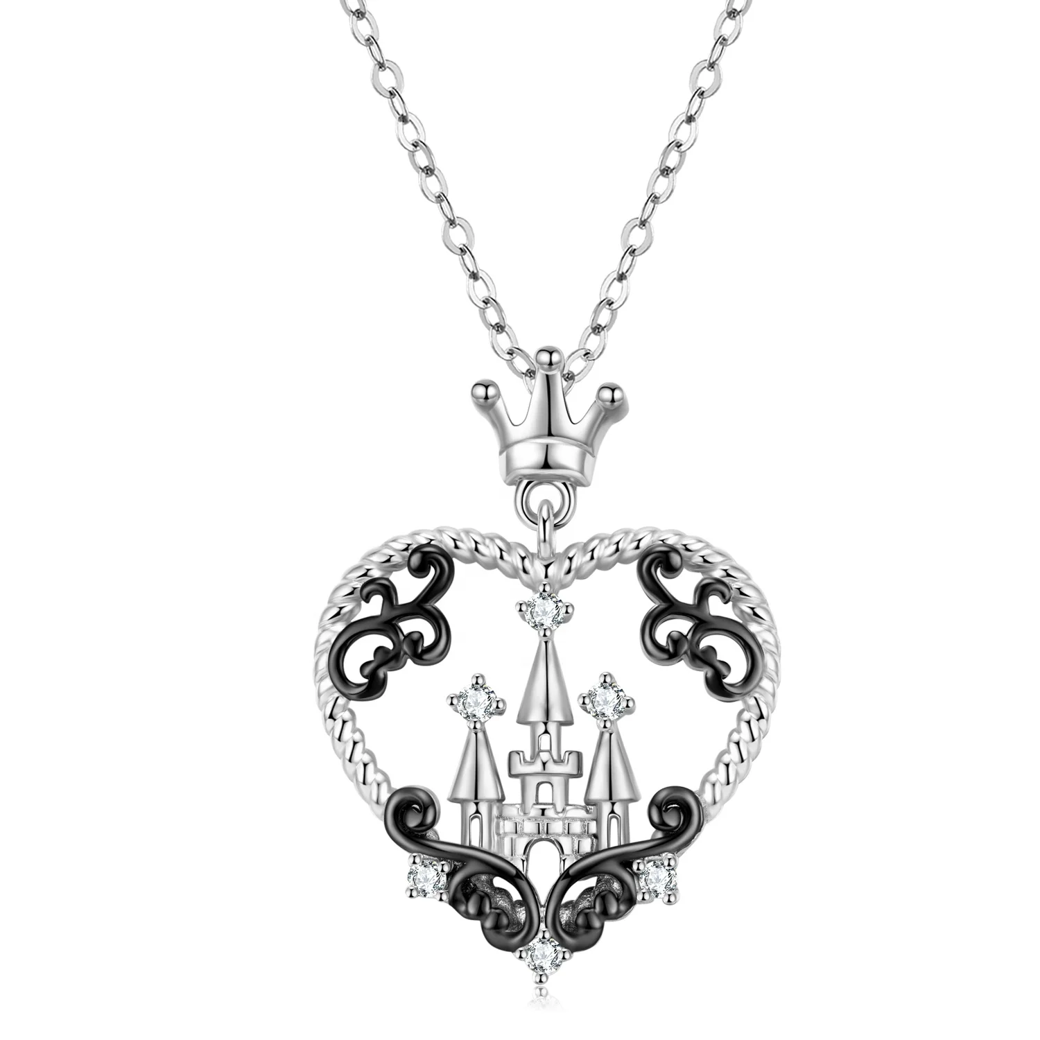

Crown Castle Heart shape Pendant Necklace Authentic 925 Sterling Silver beads for Women Men Fine Jewelry White Gold Plated