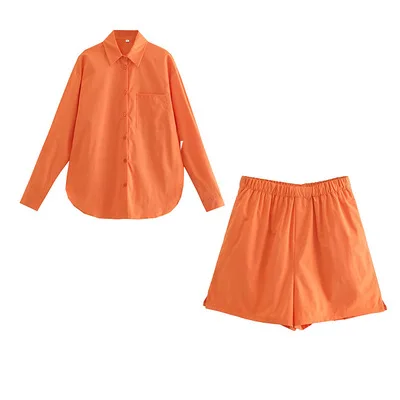 

2022 New Fall Long Sleeve Button Down Shirt Blouse And Shorts Women Two Piece Set, 1colors