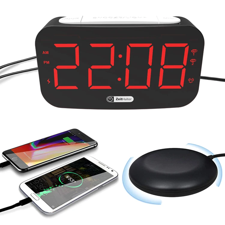 

High-end design digital alarm clock LED clock bed vibrator for severe sleepers deaf and USB charging shaker clock