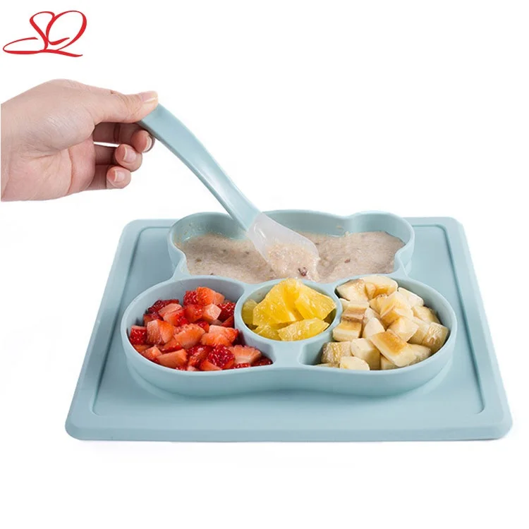 

Amazon Hot Sale BPA Free Non-slip Suction Food Silicone Baby Feeding Food Plate Set With Spoon Silicon Bowl and Spoon Baby, Blue, green, pink