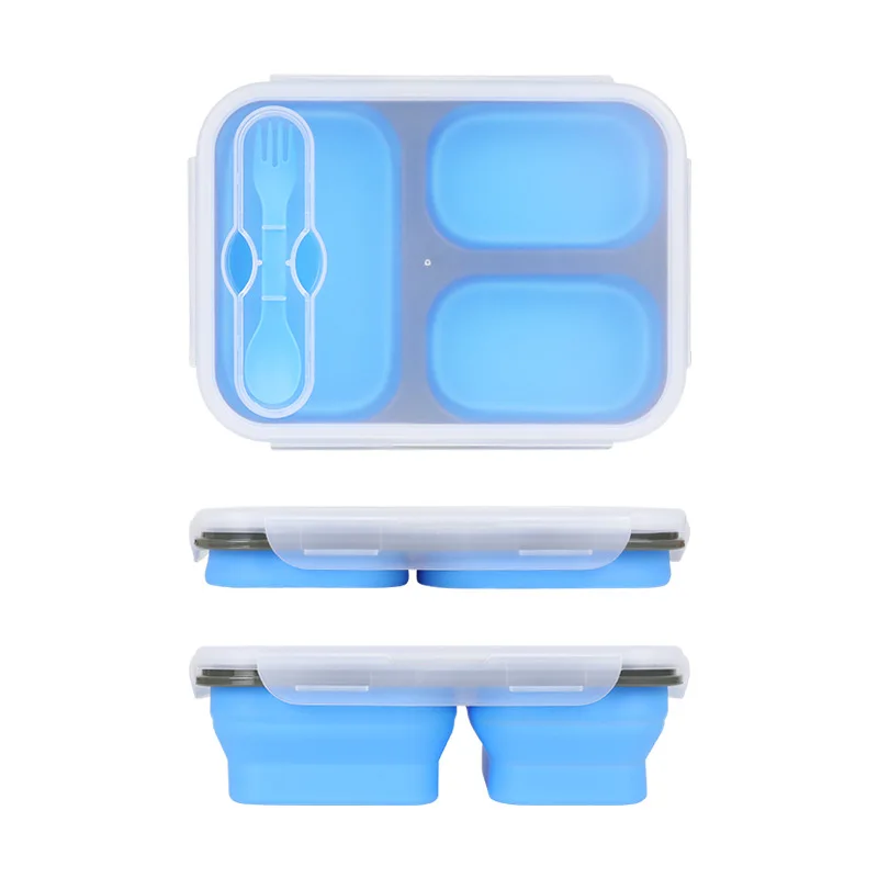 

Bpa Free Colors 3 Compartments Collapsible Microwave Safe Bento Silicone Container Children Adult Folding Lunch Box With Spoon