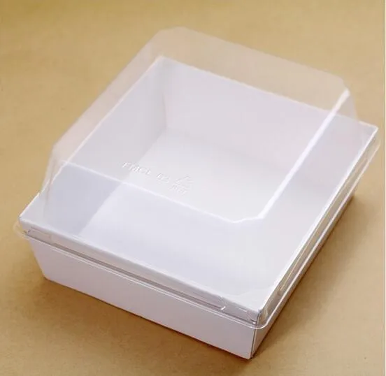 

Biodegradable Compostabel White Kraft Paper Cake Bread Sushi Takeaway Box with Clear Transparent PET Lid instead of PS Material