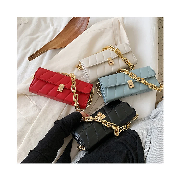 

Korean Style Fashion Square Clutch Solid Quilted Thick Golden Chain Shoulder Bags Small Purse Underarm Bag Trendy Simple Handbag