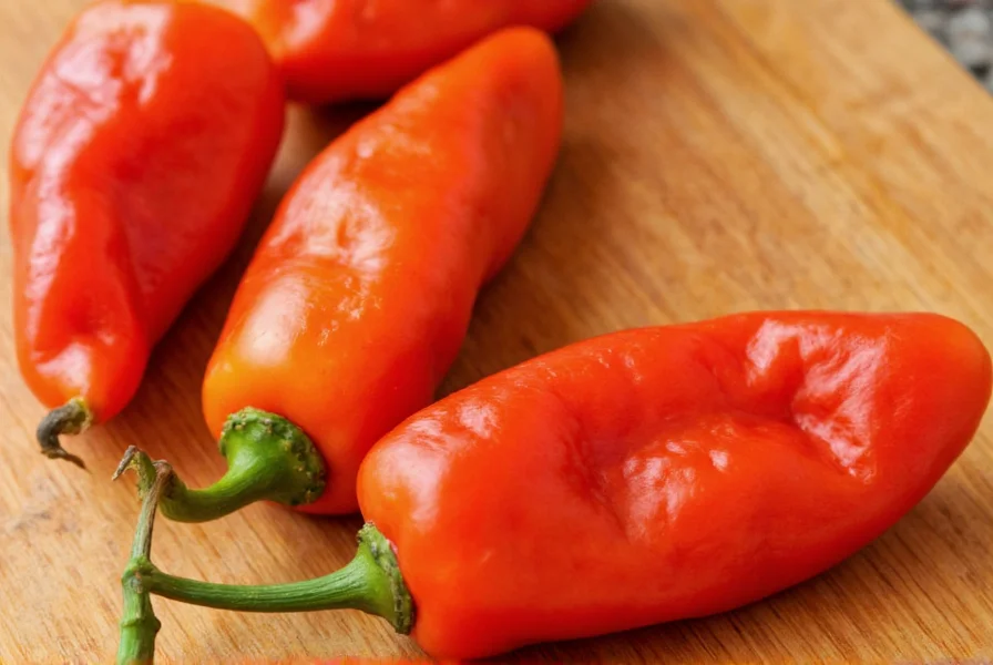 Close-up of Trinidad Moruga Scorpion chili peppers showing their distinctive bumpy texture and red-orange color on a wooden cutting board