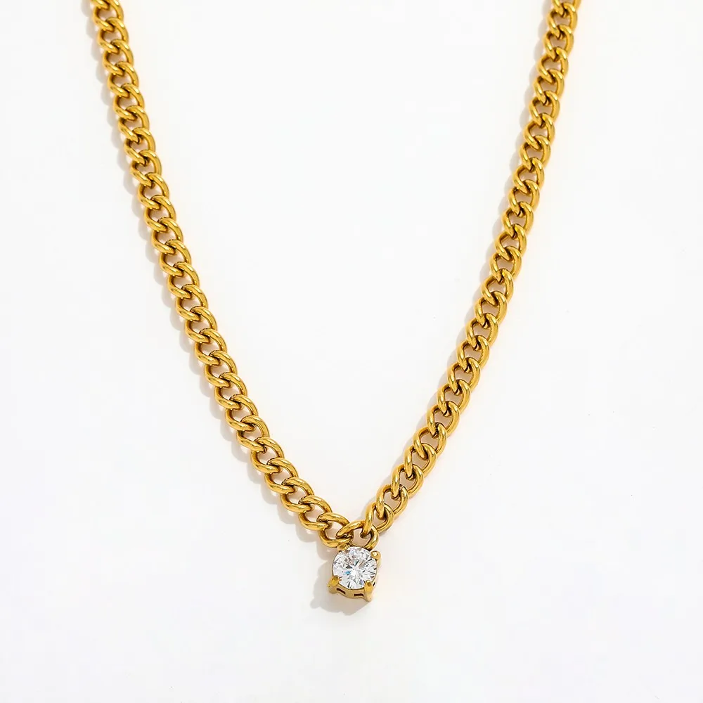 Joolim Jewelry Stainless Steel Chunky Curb Chain Single Zirconia Pendant Necklace Trendy Jewelry Wholesale Gold Chain Necklace