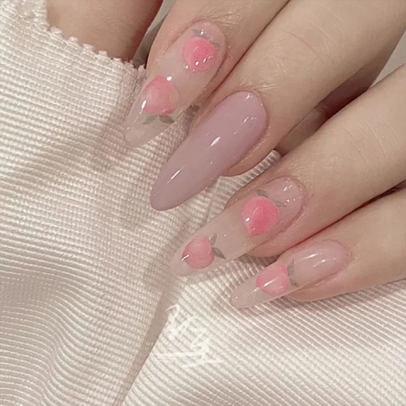 

Peach pink long round wholesale press on nail vendor 3d press on nails with nail glue tap