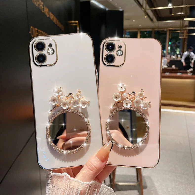 

Women Girly Flower Diamond Glitter Bling Makeup Mirror Luxury Phone Case Cover For iPhone