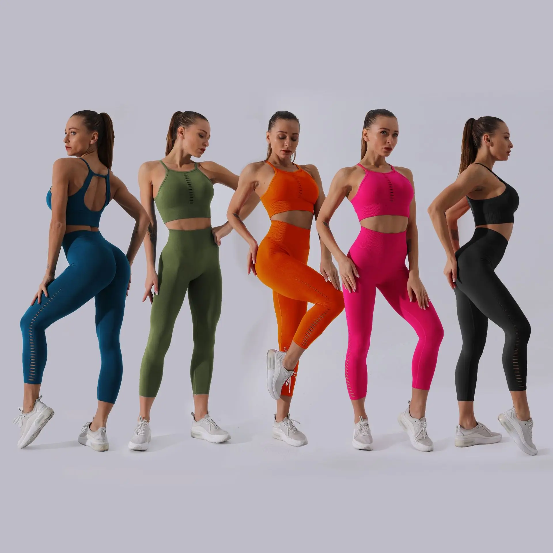 

Women 2 Pieces Yoga Suits Tracksuit Shorts Sportswear Set Activewear Pierced Style Capri Leggings And Sexy Bra Sets, Pic