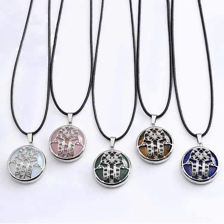 

2022 Natural Stone Alloy Pendant Popular Hollow-out Hamsa Lucky Fatima Hot Selling Inlaid with Black Necklace