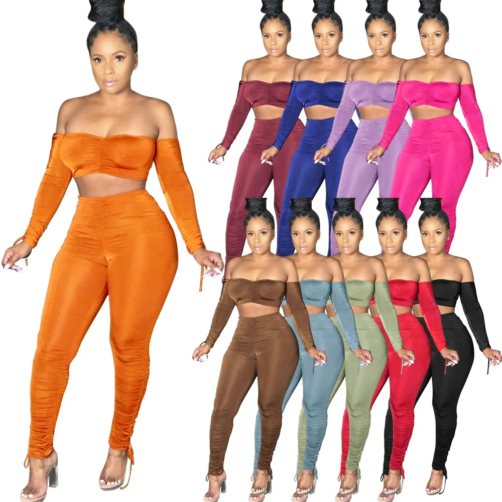 

New collections wholesale ladies bodcyon two piece set outfits solid color pleated sexy 2 pieces straplesss crop top sets