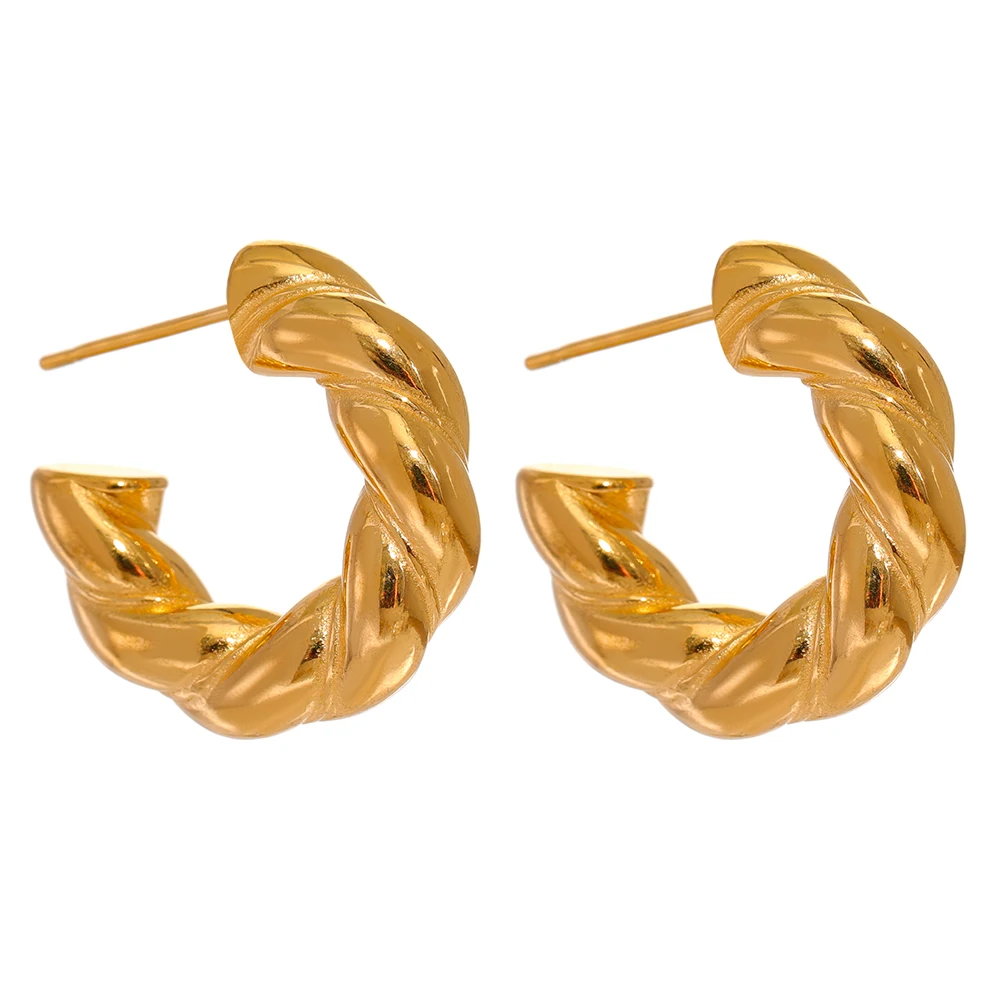 

JINYOU 1883 Stainless Steel Twisted Geometric Chunky Hoop Earrings Simple Golden Texture Waterproof Jewelry