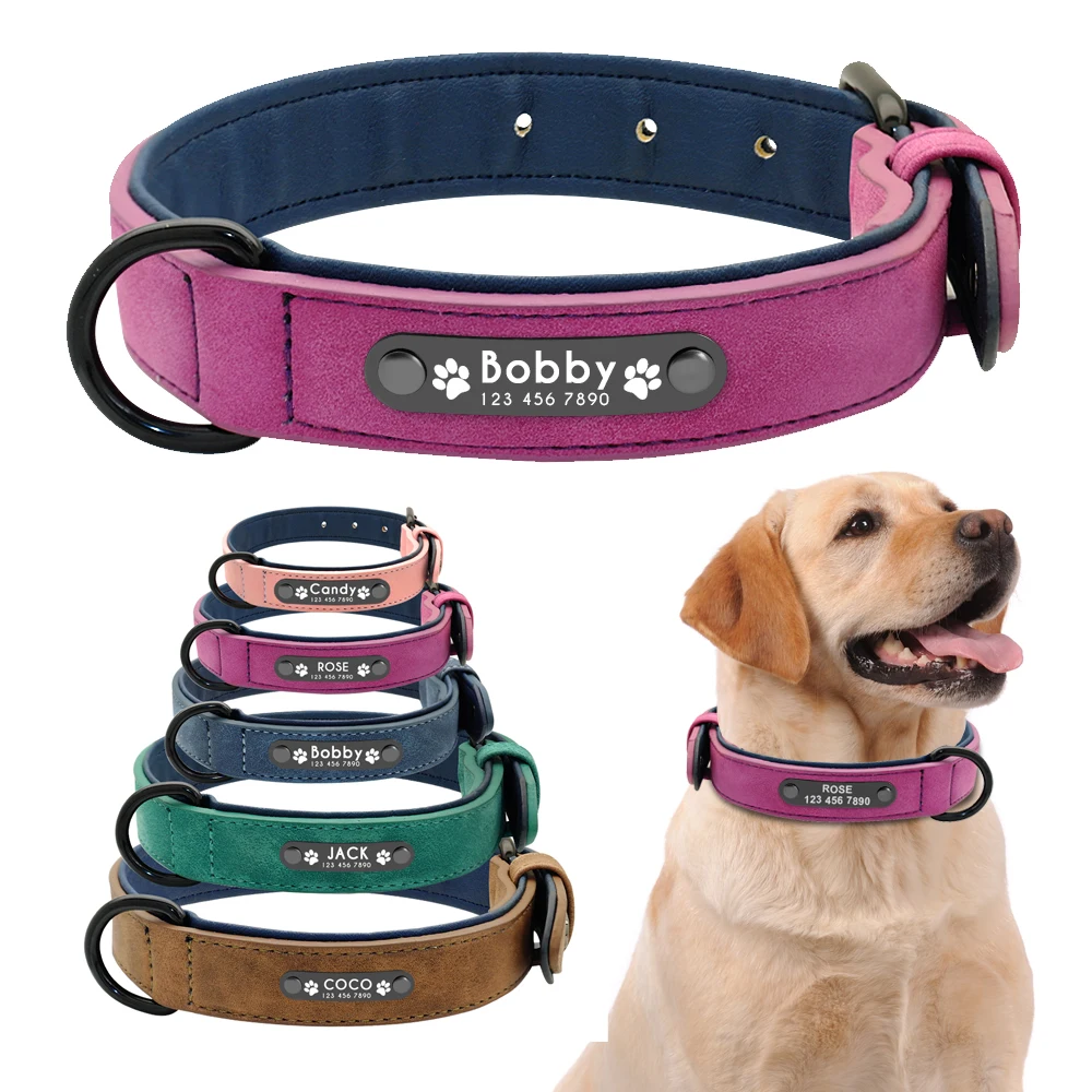 

Personalized Dog Collar Custom Leather Dog Collars Inner Padded Pet ID Collar For Small Medium Large Dogs Pitbull Bulldog