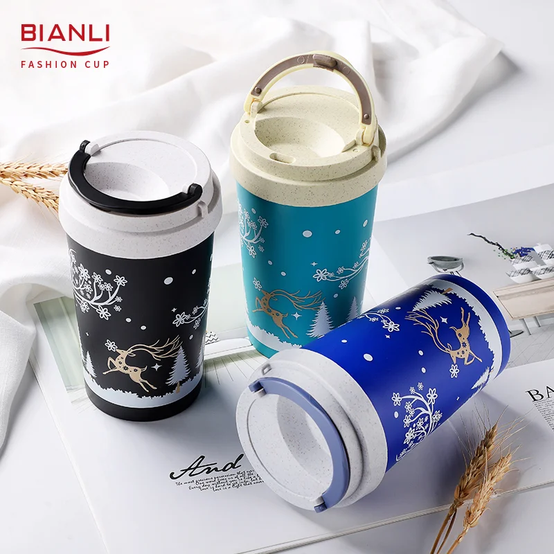 

High Quality 380ml Sublimation Custom Wheat Straw Material Reusable Double Walled Nordic Christmas Mug Coffee Cup, Black
