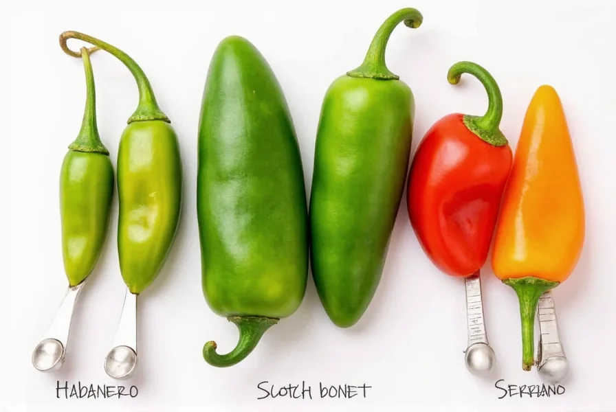 Close-up comparison of bonnet pepper alternatives showing habanero, scotch bonnet, and serrano peppers side by side with measuring spoons