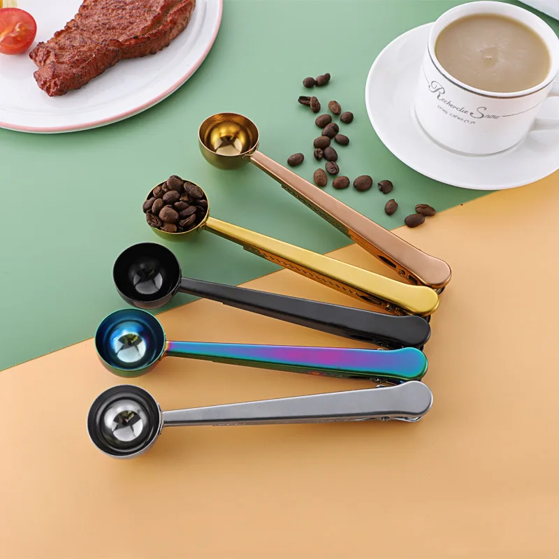 

Customized Logo Metal Coffee Scoop Stainless Steel Milk Coffee Measuring Spoon Scoop With Bag Clip, Gold/sliver/ rose gold/ black/ rainbow