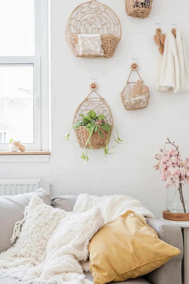 An entryway with mini baskets displaying framed art and holding keys