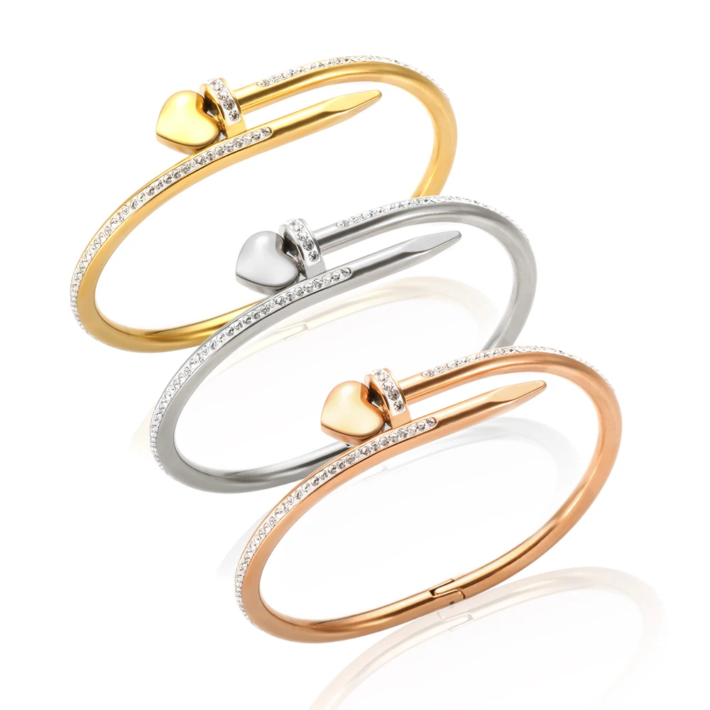 

JOVO LOVE Fashion Heart Nail Bracelet 18k gold plated zircon nail bangle bracelet, Gold/silver