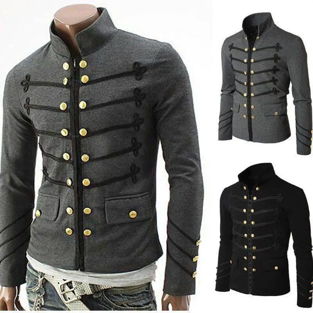 Men Vintage Military Jacket With Embroidered Buttons Solid Color Top ...