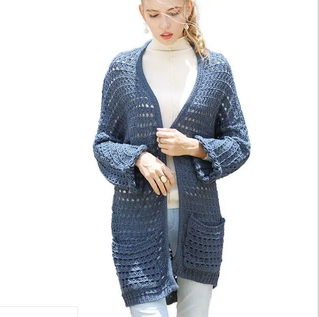 

Autumn and winter fashion casual style knitted sexy long-sleeved ladies high-quality embossed cardigan sweater, Blue
