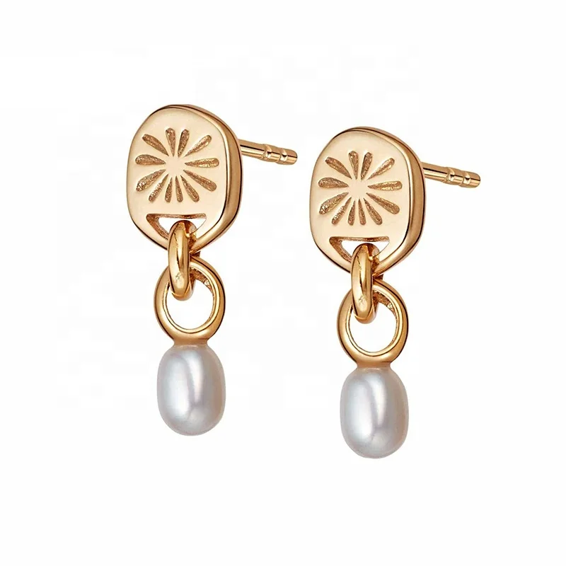 

Milskye classic design dainty engraved sunburst freshwater pearl charm stud earrings