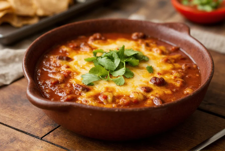 Bowl of steaming chili relleno soup with melted cheese topping, roasted poblano peppers, and cilantro garnish on wooden table