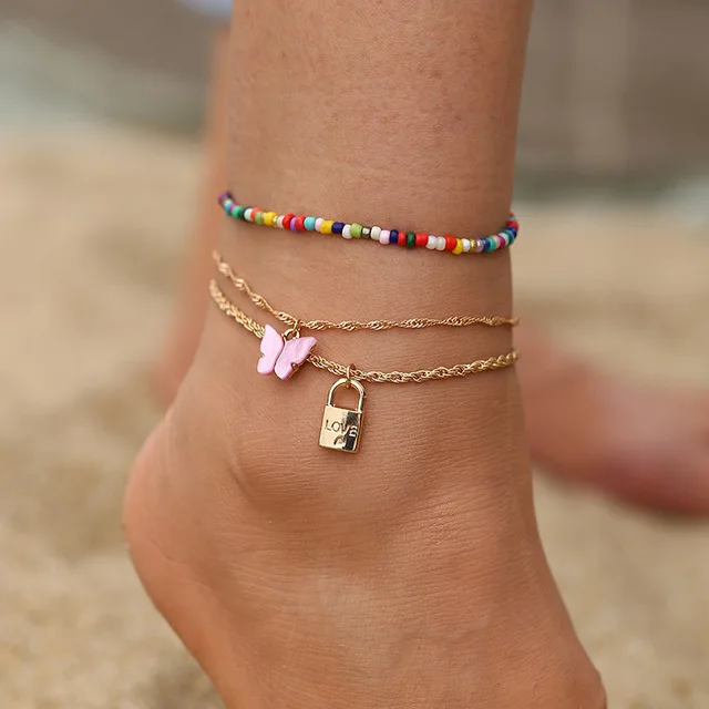 

2022 Fashion 4 Piece Gold Plated Anklet Set Cuban Chain Beaded Jewelry Bracelet Anklet with Butterfly Pendant