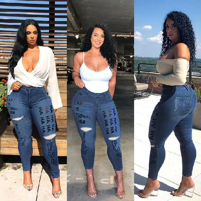 

2021 Spring And Summer Fashion Letter Print Ripped Stretch Skinny Jeans, Picture color