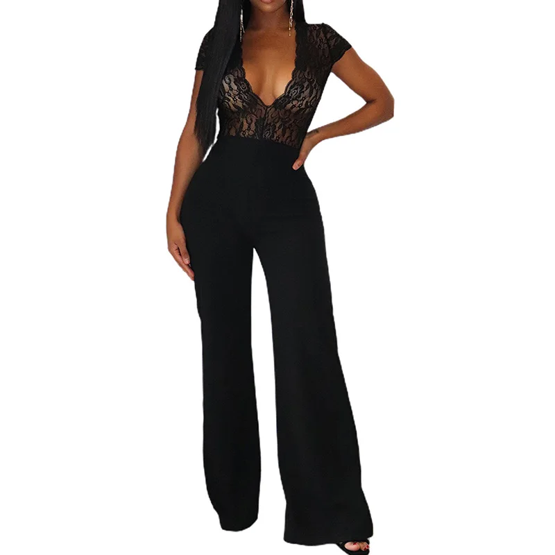 

Wholesale Lace Patchwork Playsuits Women Elegant Deep V Neck Wide Leg Ladies Jumpsuit