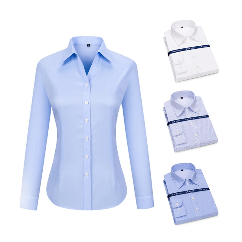 

RTS 100% Cotton Women's Solid Blue Twill Business Tuxedo Shirt Anti-wrinkle Non Iron V-neck Dress Shirt For Women