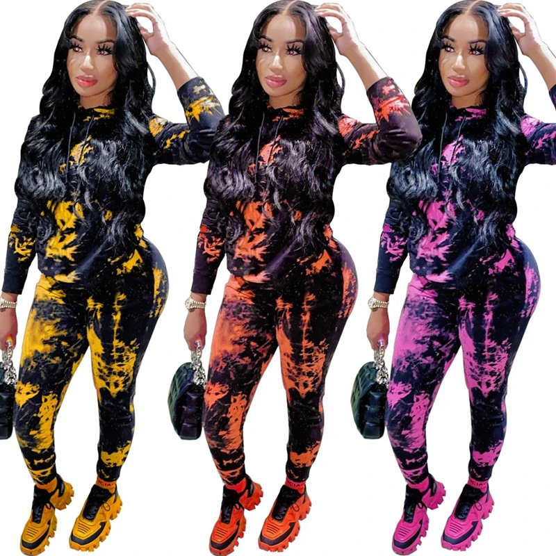 

Hot selling autumn winter women outfits polyester spandex printed 2 piece lounge set for women
