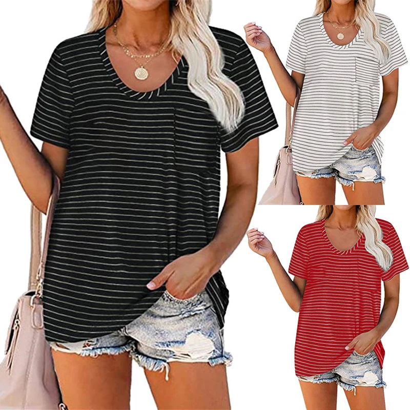 

New Summer Clothing Wholesale Ladies Round Neck Striped Women'S Casual T-Shirt