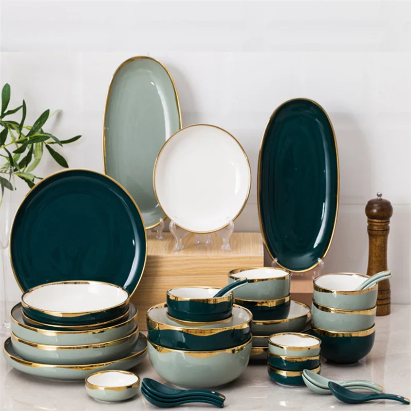 

Nordic Tableware Set Ceramic Dinnerware Dish And Plates Gold rim Green Household Rice Bowl Factory Direct Sales