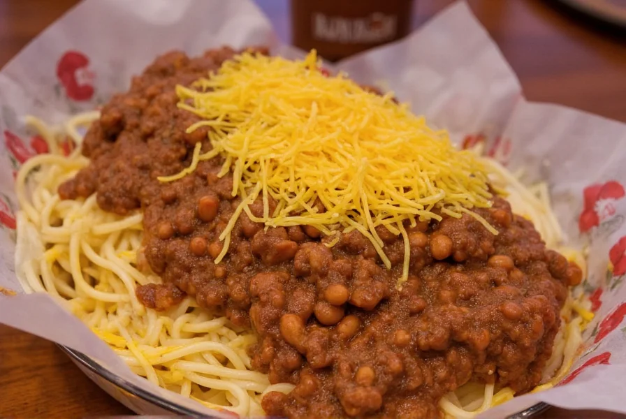 Authentic Cincinnati-style chili served over spaghetti with cheese in a traditional Dixie Chili & Deli setting